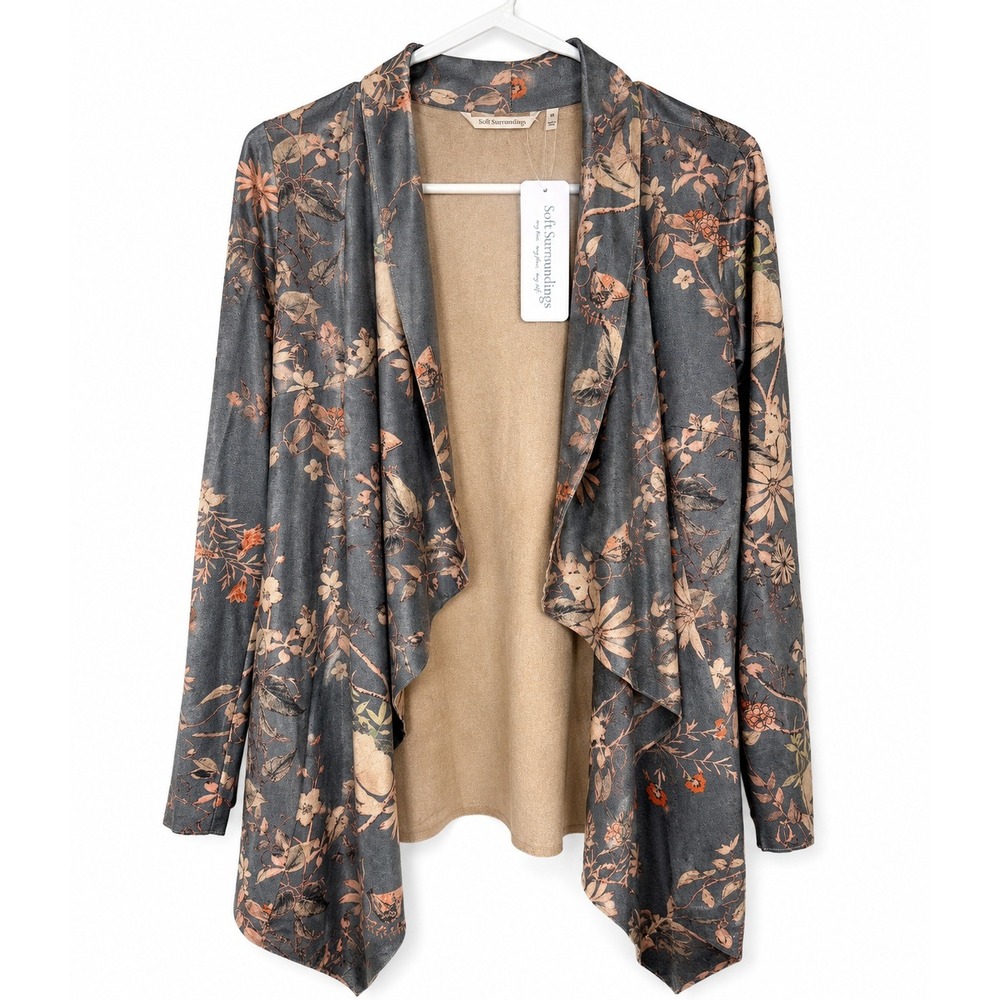 Soft Surroundings NWT Floral Drape Front Cardigan Jacket Gray Beige Boho XS